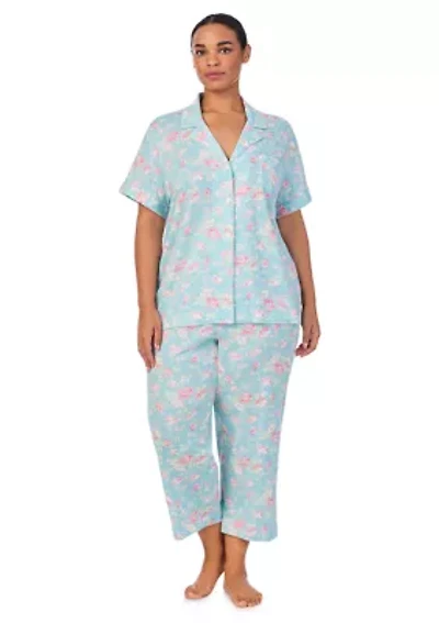 Plus Short Sleeve Notch Collar Cropped Pant Pajama Set
