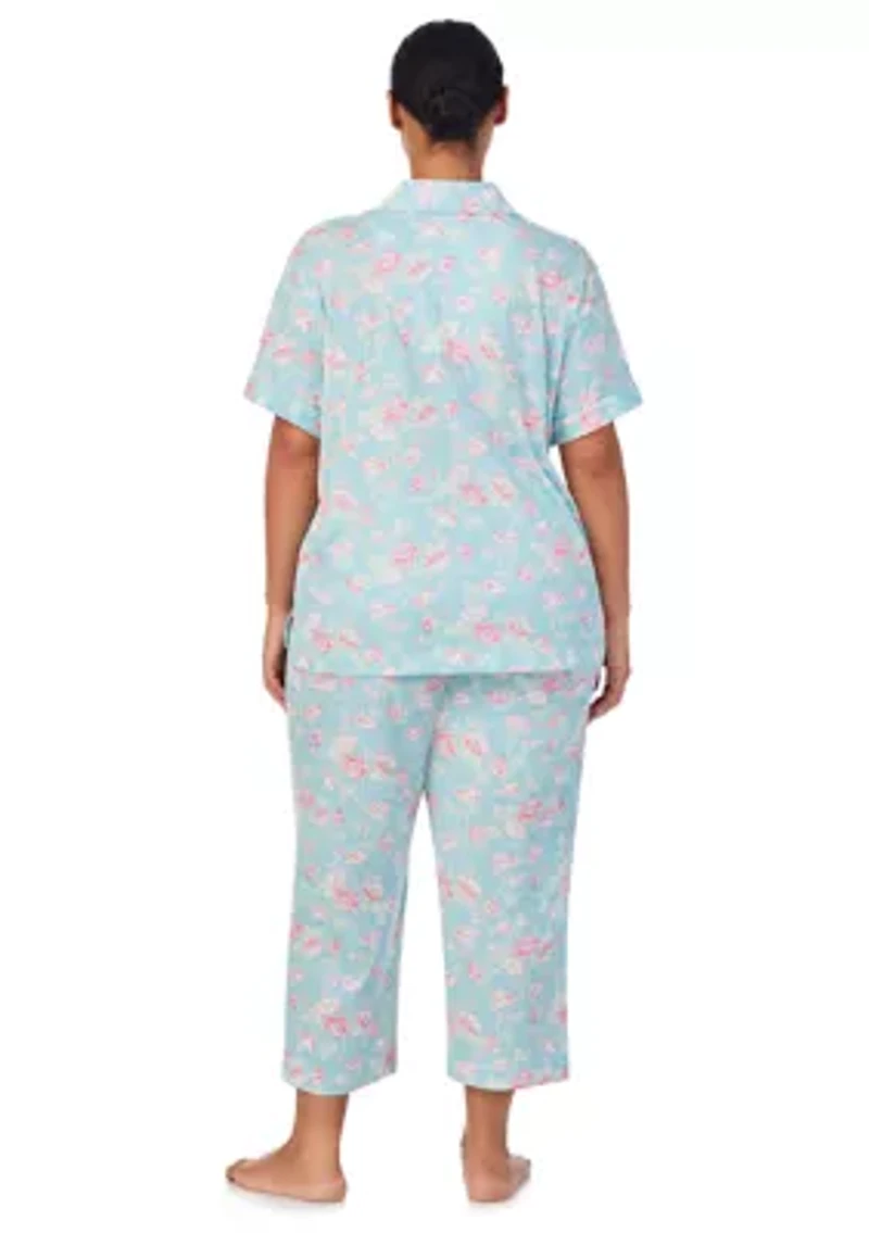 Plus Short Sleeve Notch Collar Cropped Pant Pajama Set