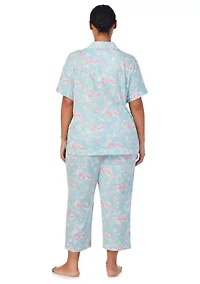 Plus Short Sleeve Notch Collar Cropped Pant Pajama Set