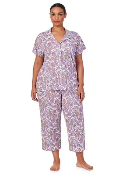 Plus Short Sleeve Notch Collar Cropped Pants Pajama Set