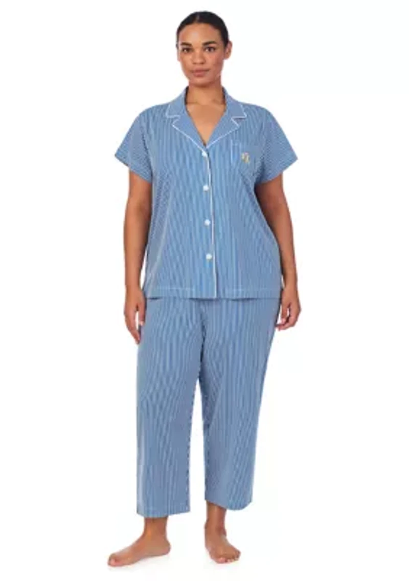 Plus Short Sleeve Notch Collar Cropped Pants Pajama Set