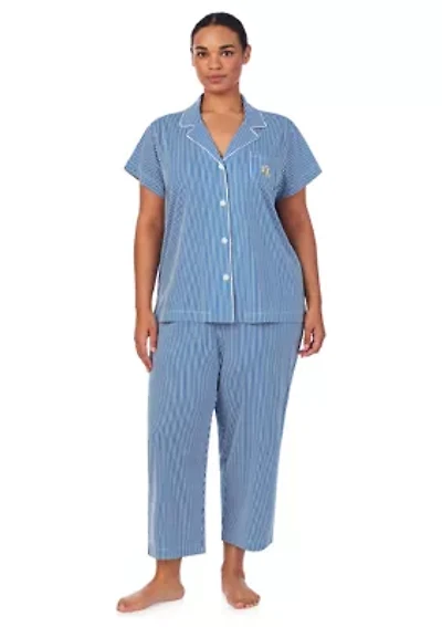 Plus Short Sleeve Notch Collar Cropped Pants Pajama Set