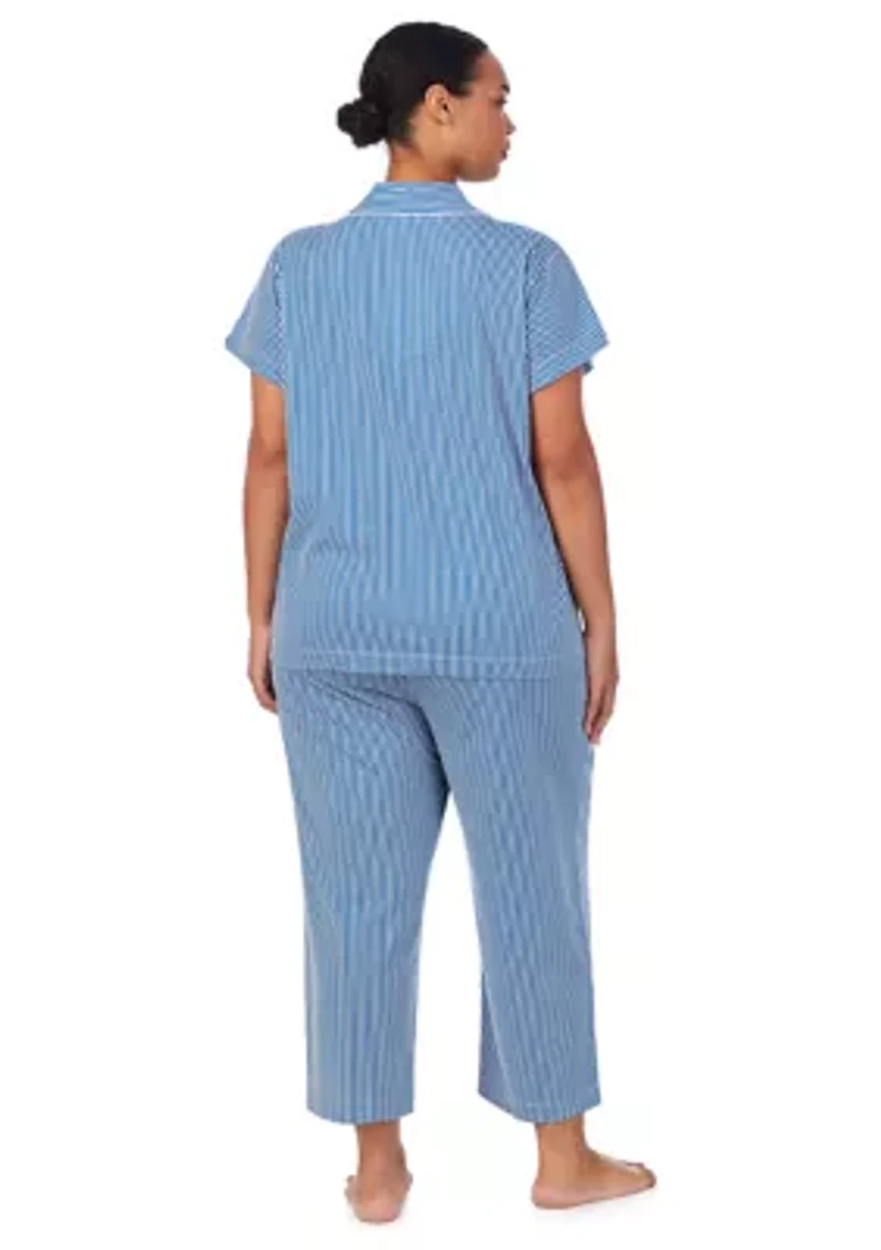 Plus Short Sleeve Notch Collar Cropped Pants Pajama Set