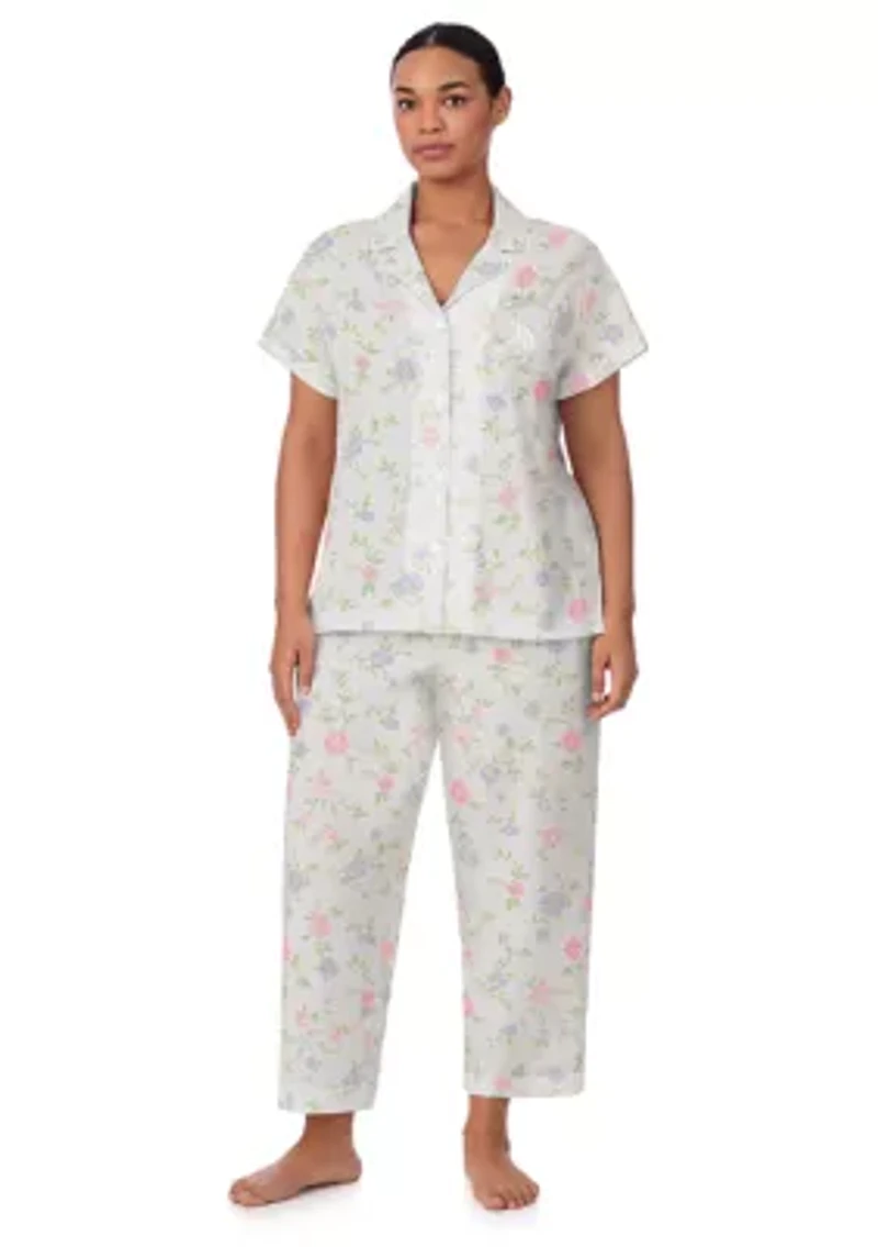 Plus Short Sleeve Notch Collar Cropped Pant Pajama Set