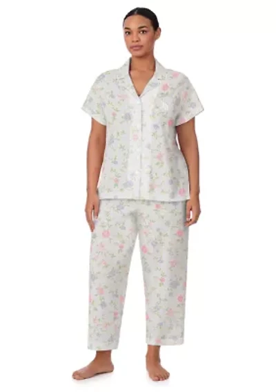 Plus Short Sleeve Notch Collar Cropped Pant Pajama Set