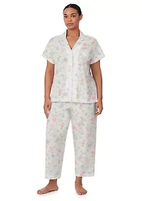 Plus Short Sleeve Notch Collar Cropped Pant Pajama Set