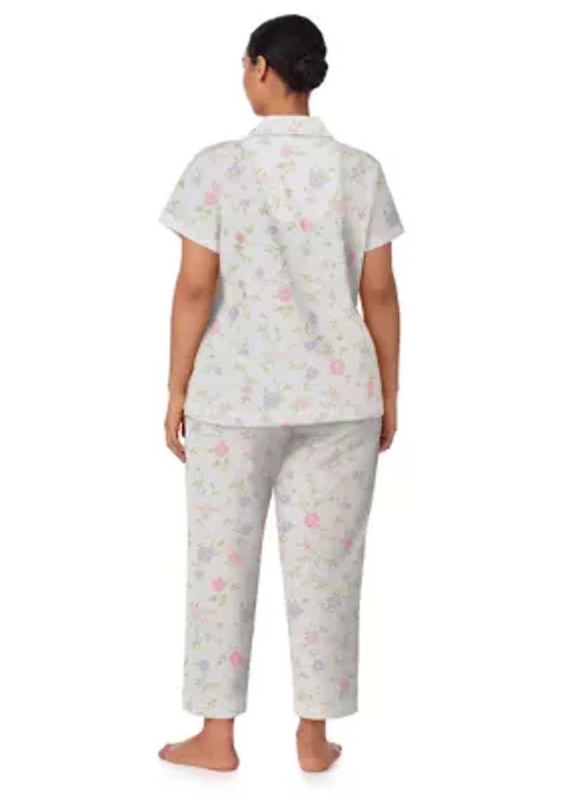 Plus Short Sleeve Notch Collar Cropped Pant Pajama Set
