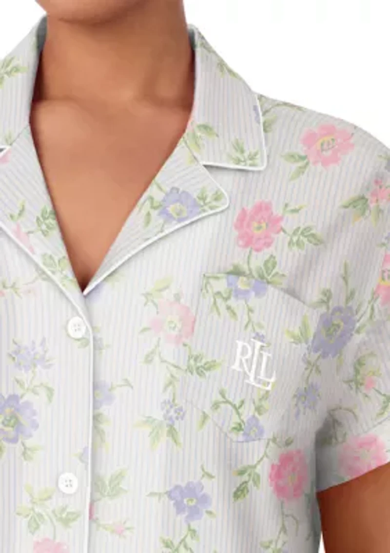 Plus Short Sleeve Notch Collar Cropped Pant Pajama Set