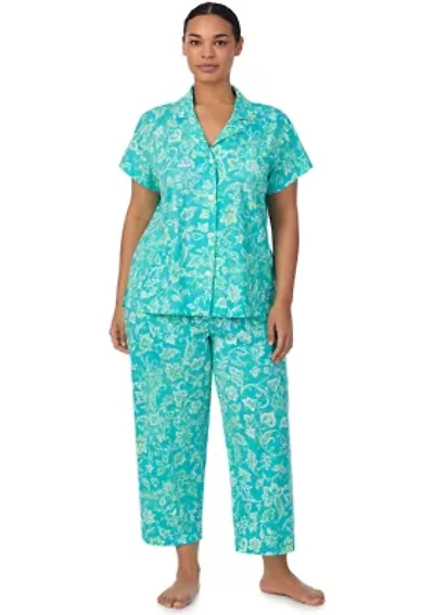 Plus Short Sleeve Notch Collar Cropped Pant Pajama Set