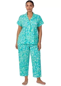 Plus Short Sleeve Notch Collar Cropped Pant Pajama Set