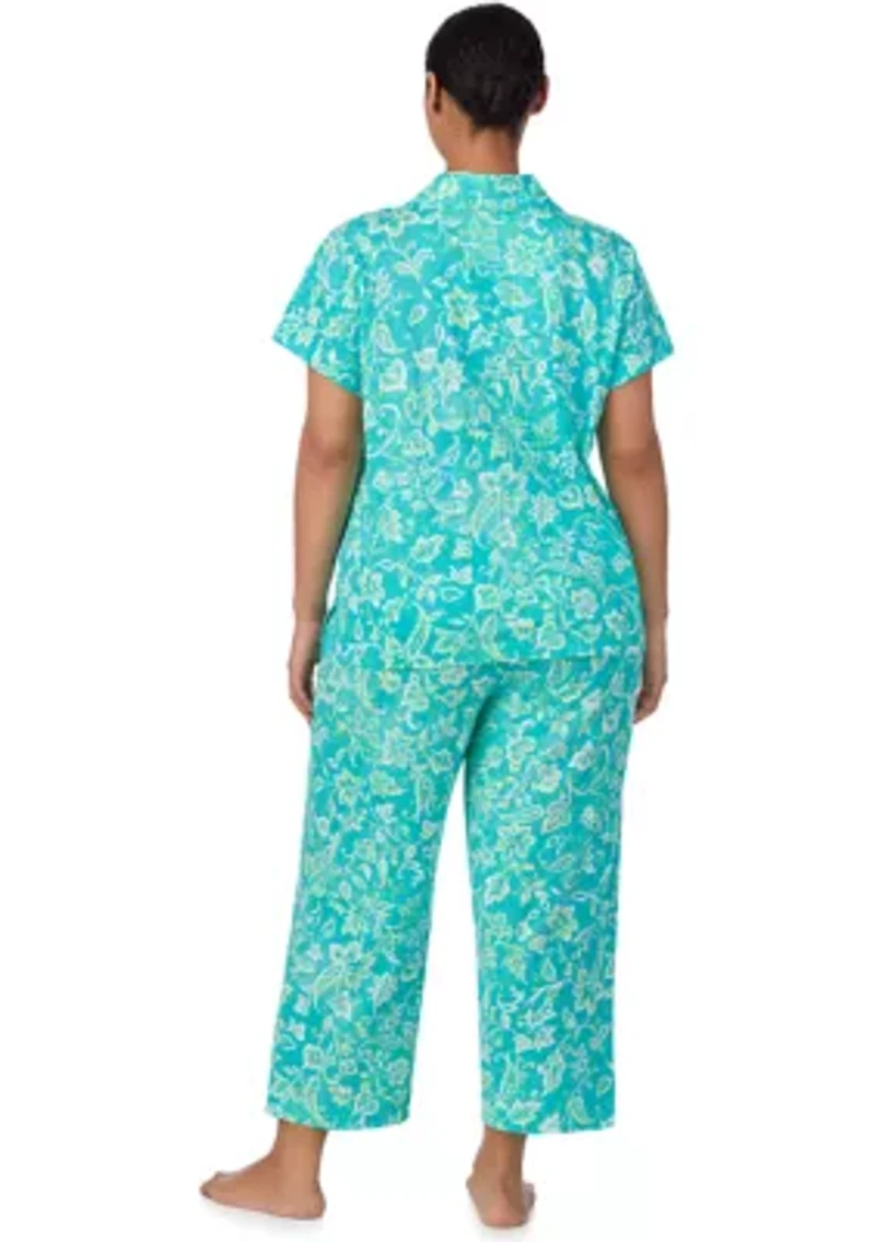 Plus Short Sleeve Notch Collar Cropped Pant Pajama Set