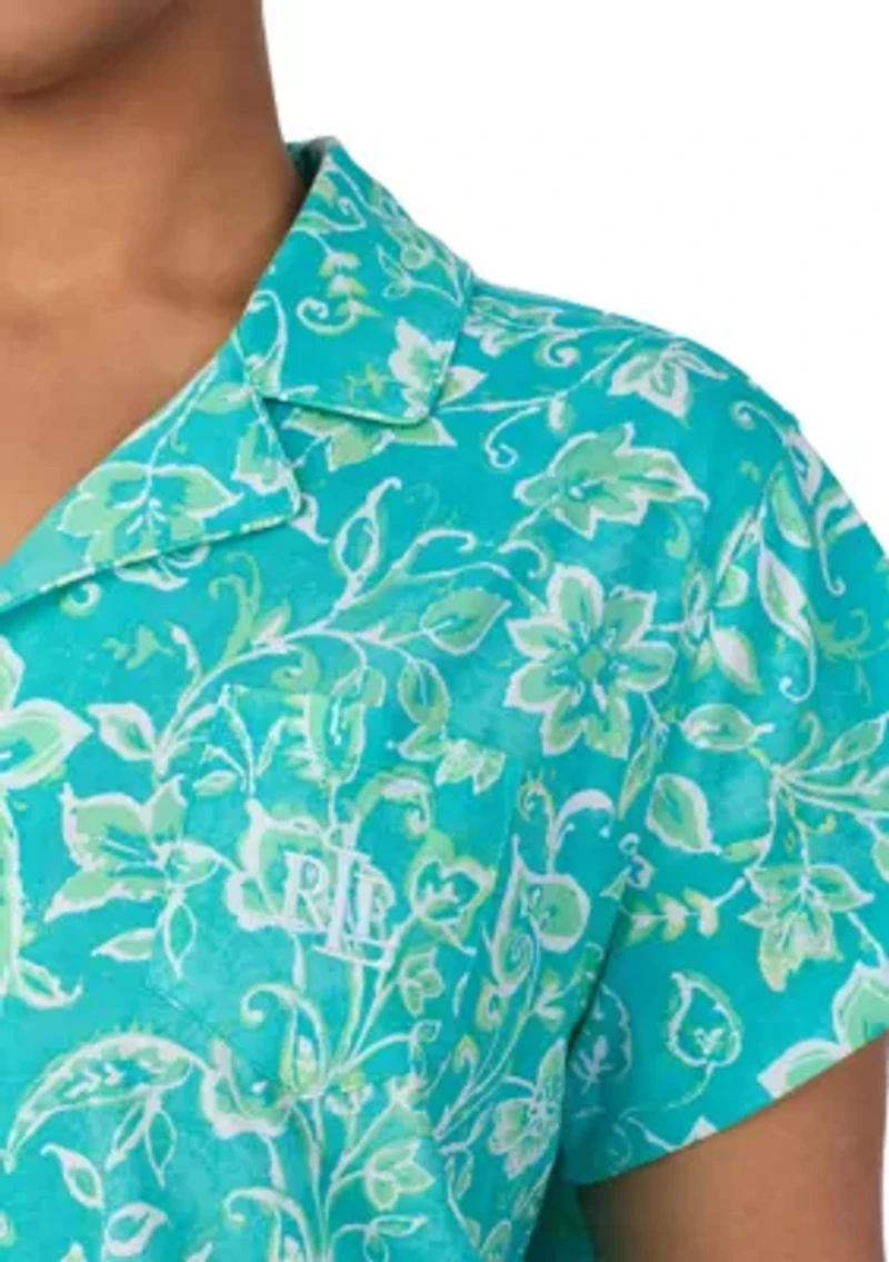 Plus Short Sleeve Notch Collar Cropped Pant Pajama Set