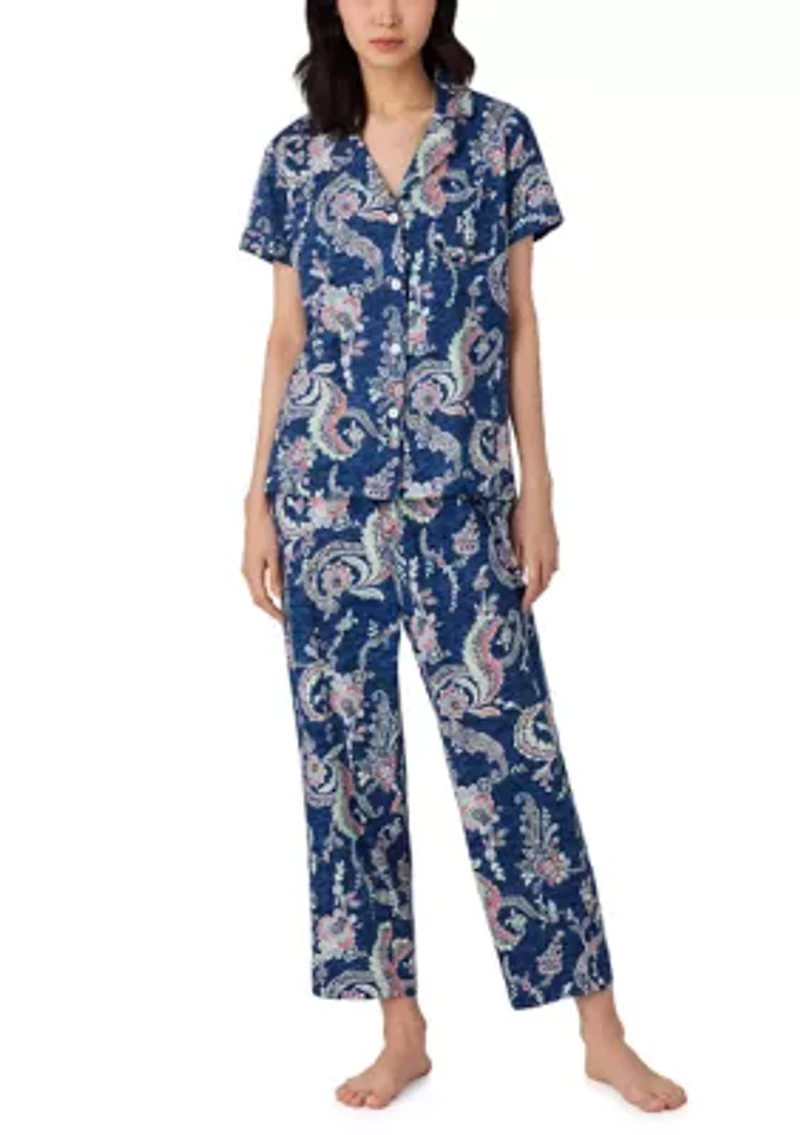 Short Sleeve Notch Collar Cropped Pant Pajama Set