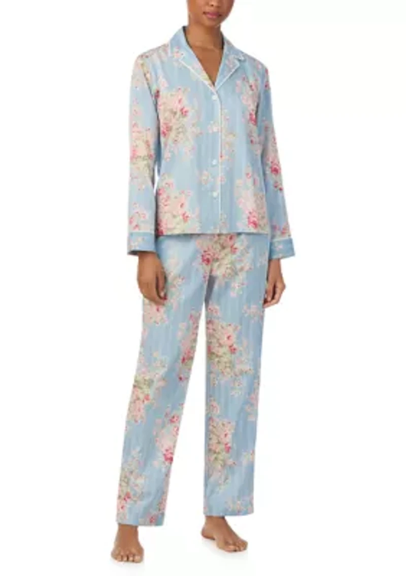 Long Sleeve and Pants Woven Notch PJ Set