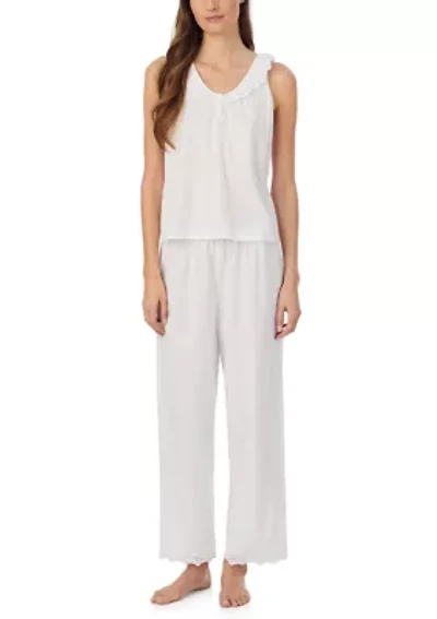 Women's Eyelet Button Flutter Neck Ankle Pant Pajama Set