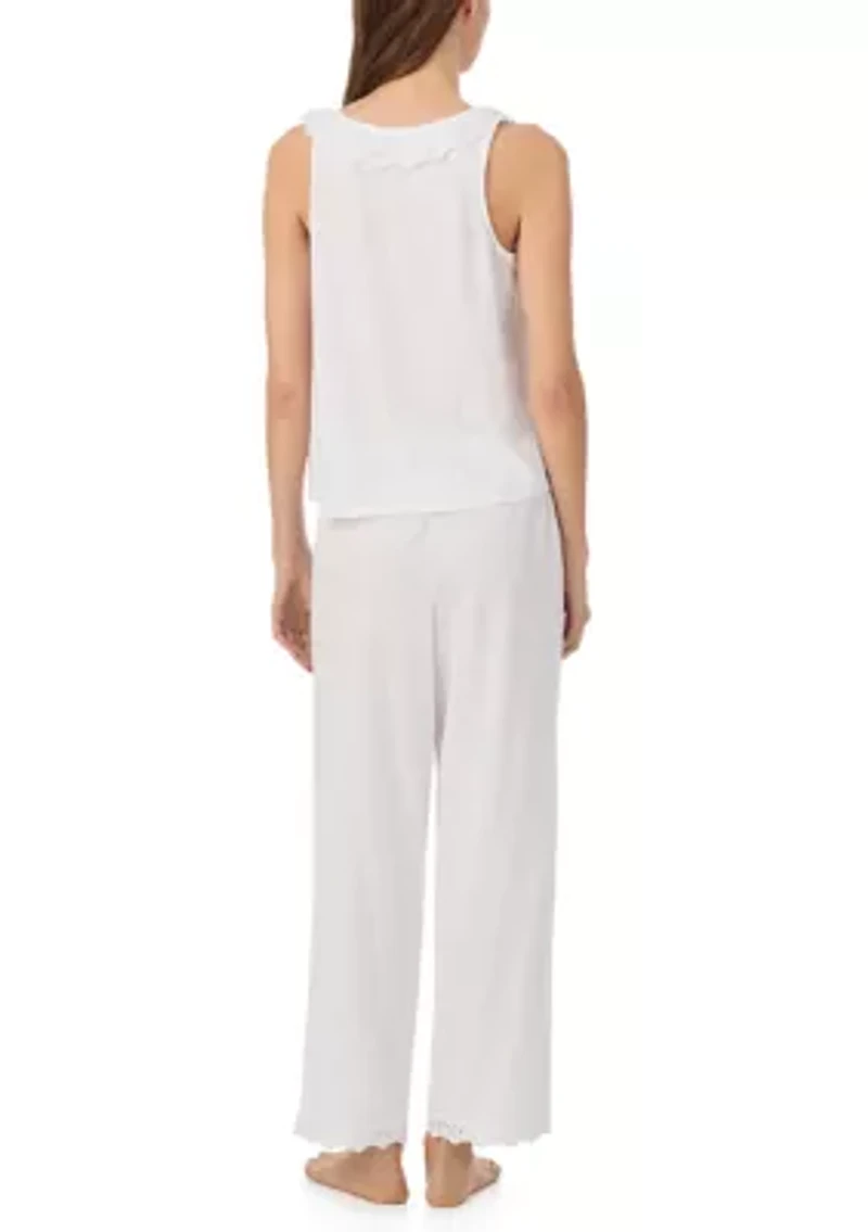 Women's Eyelet Button Flutter Neck Ankle Pant Pajama Set