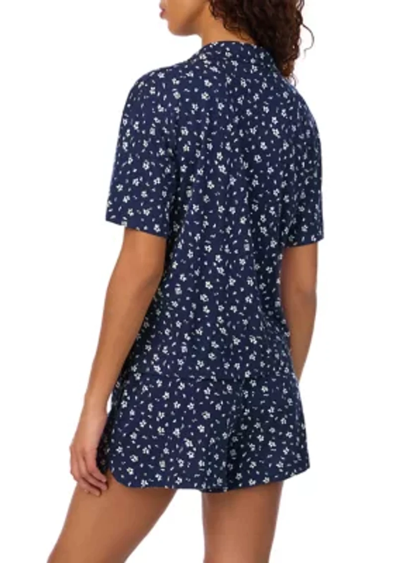 Women's Short Sleeve Notch Collar and Boxer Shorts Pajama Set