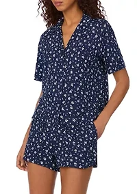 Women's Short Sleeve Notch Collar and Boxer Shorts Pajama Set