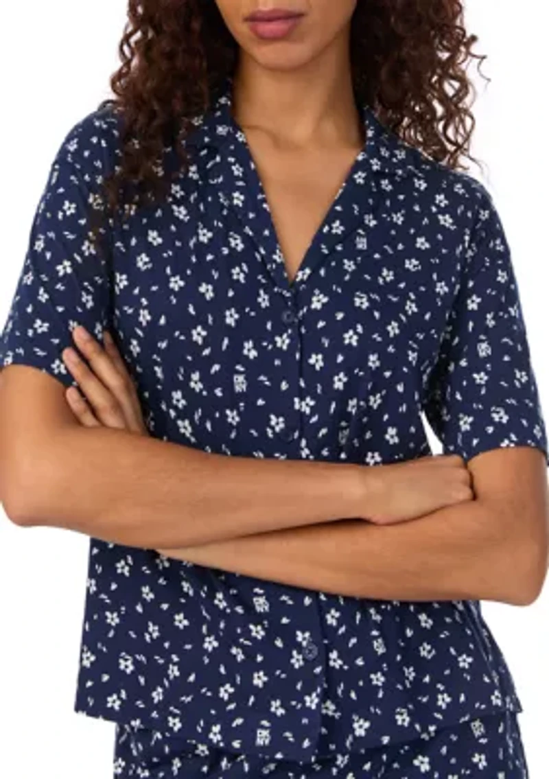 Women's Short Sleeve Notch Collar and Boxer Shorts Pajama Set