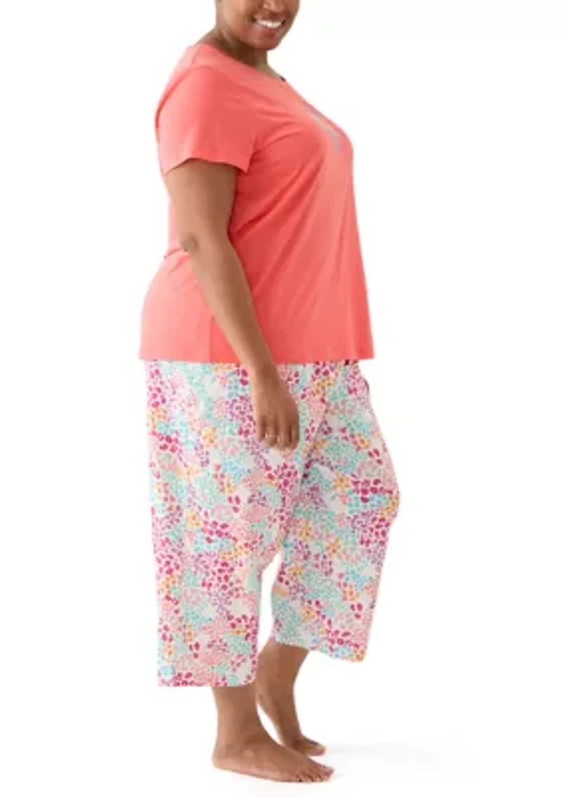 Plus Cotton Knit T-Shirt and Capri Pajama Set
