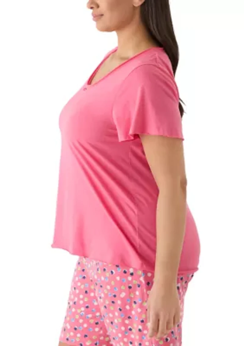 Plus Scoop Neck Rosette Pajama Shirt