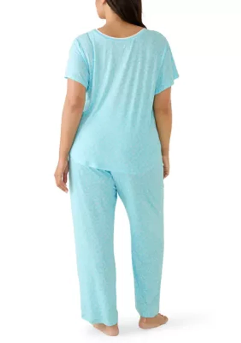 Plus Short Sleeve Top & Pants Rib Trim Pajama Set