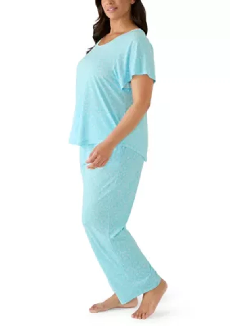 Plus Short Sleeve Top & Pants Rib Trim Pajama Set