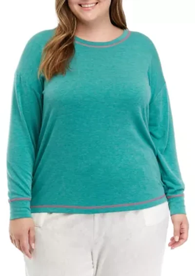 Plus Long Sleeve Butter Knit Crew Neck Pajama Top with Stitching