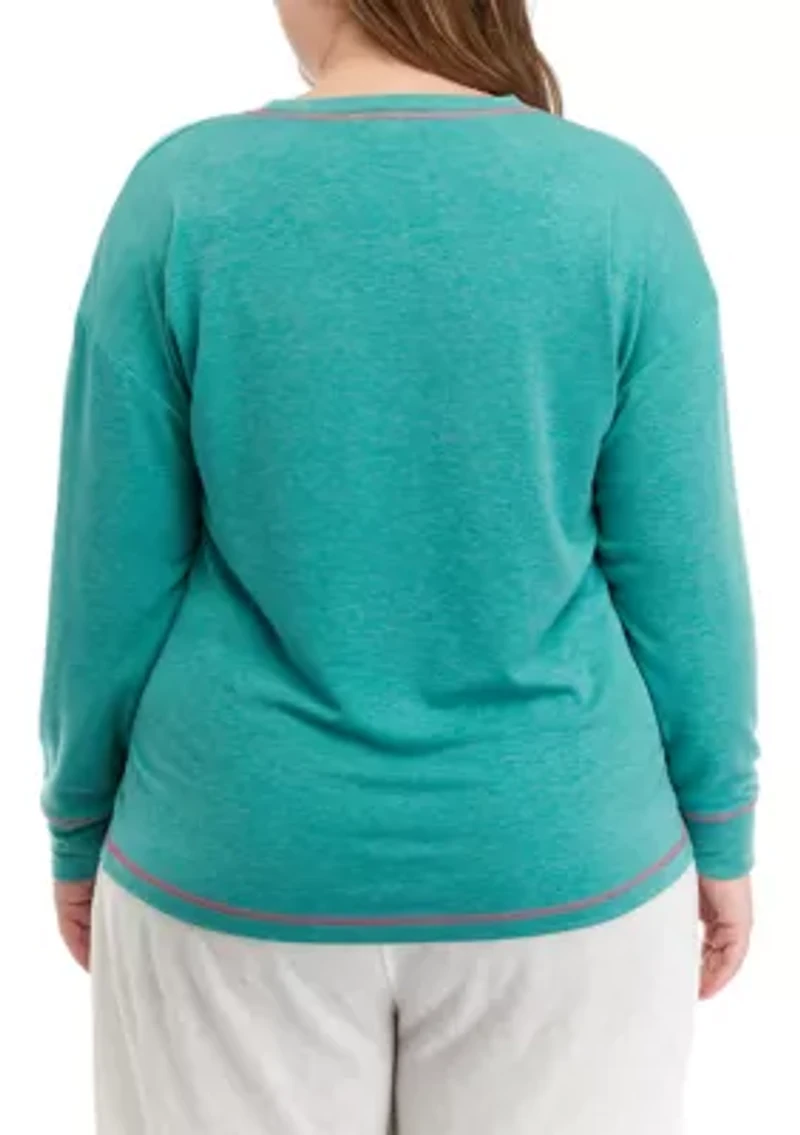 Plus Long Sleeve Butter Knit Crew Neck Pajama Top with Stitching
