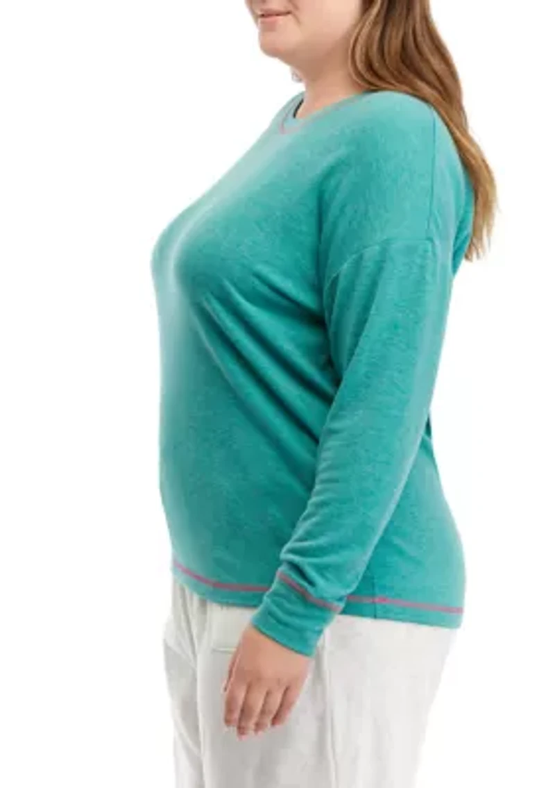 Plus Long Sleeve Butter Knit Crew Neck Pajama Top with Stitching