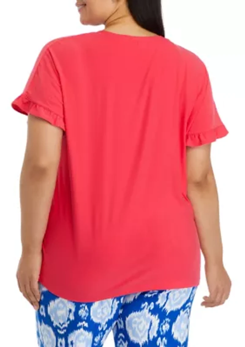 Plus Yummy V-Neck Ruffle Sleeve Pajama Top