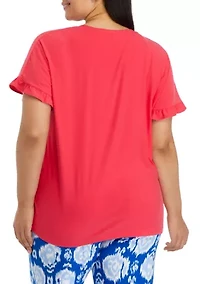 Plus Yummy V-Neck Ruffle Sleeve Pajama Top