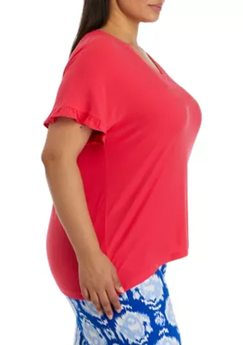 Plus Yummy V-Neck Ruffle Sleeve Pajama Top