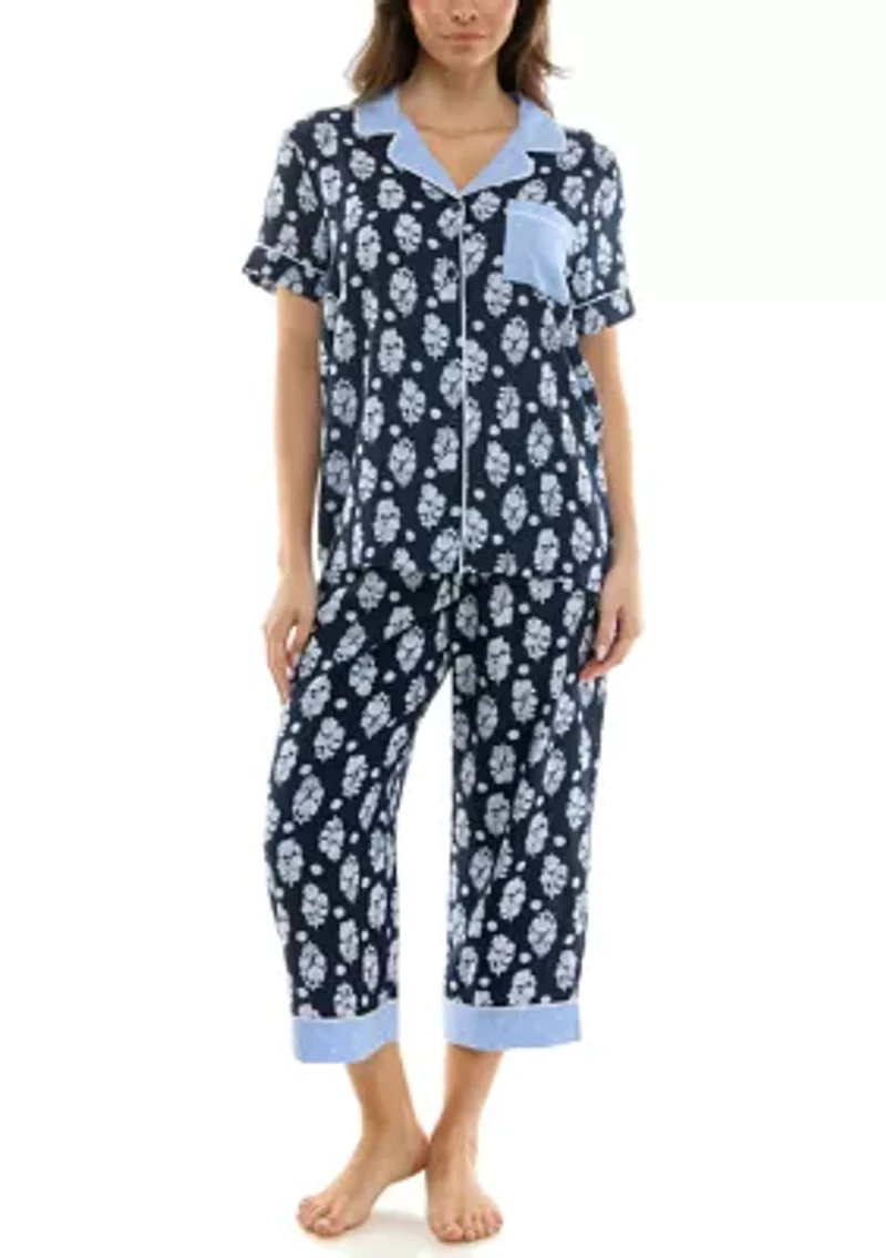 Women's Short Sleeve Notch Twin Woven Capri Pajama Set