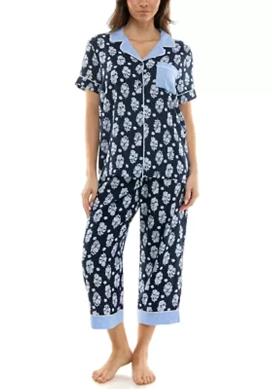 Women's Short Sleeve Notch Twin Woven Capri Pajama Set