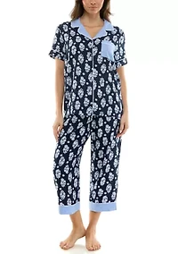 Women's Short Sleeve Notch Twin Woven Capri Pajama Set