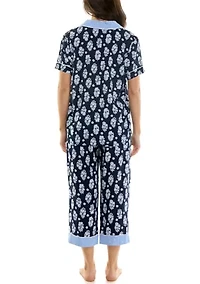 Women's Short Sleeve Notch Twin Woven Capri Pajama Set