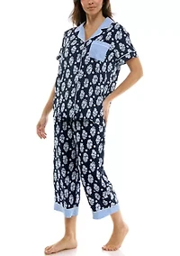Women's Short Sleeve Notch Twin Woven Capri Pajama Set