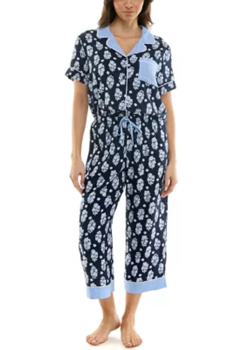 Women's Short Sleeve Notch Twin Woven Capri Pajama Set