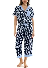 Women's Short Sleeve Notch Twin Woven Capri Pajama Set