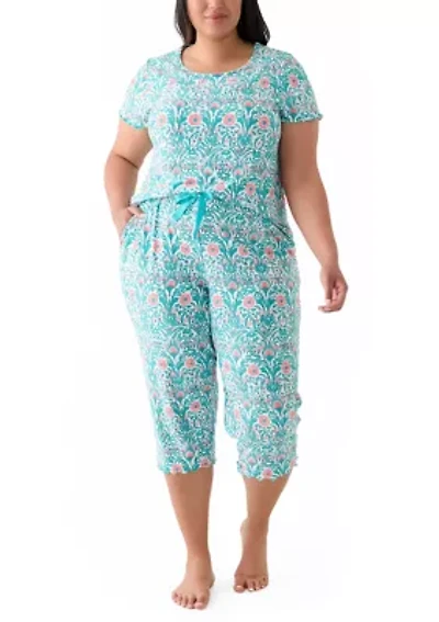 Plus Short Sleeve Top and Ruffle Pants Pajama Set