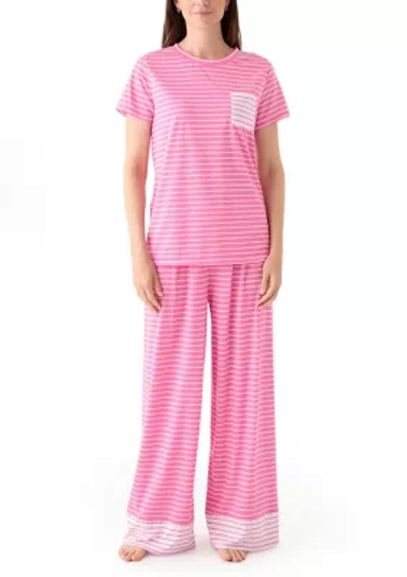 Women's Short Sleeve Top and Wide Leg Pants Knit Pajama Set