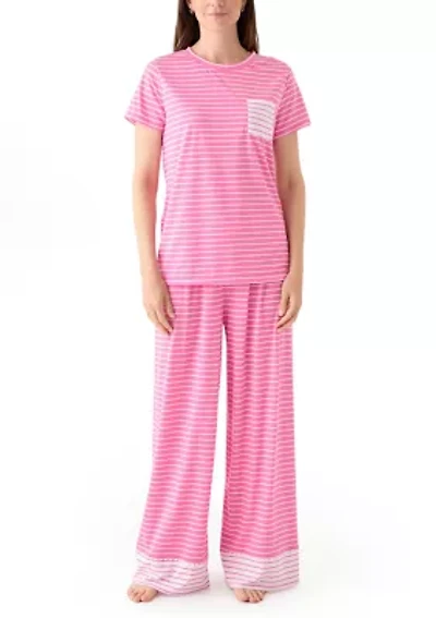 Women's Short Sleeve Top and Wide Leg Pants Knit Pajama Set