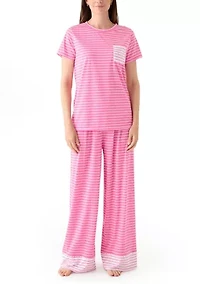 Women's Short Sleeve Top and Wide Leg Pants Knit Pajama Set