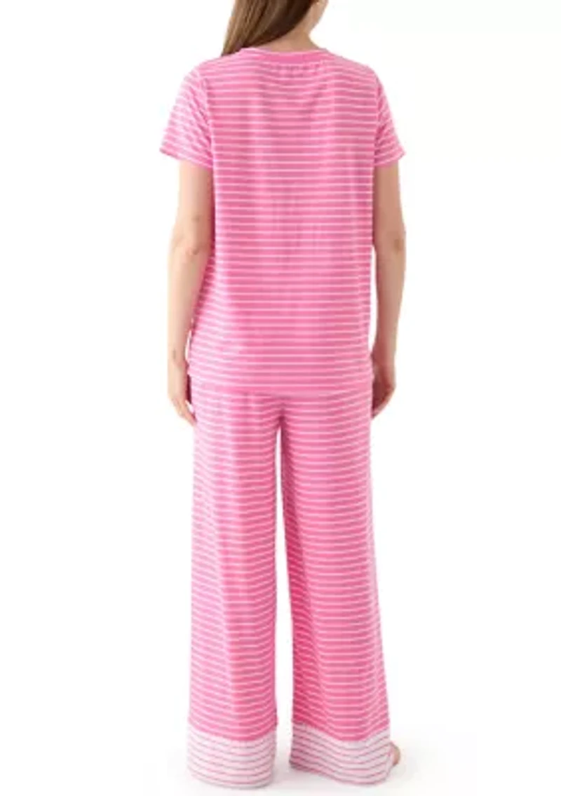 Women's Short Sleeve Top and Wide Leg Pants Knit Pajama Set