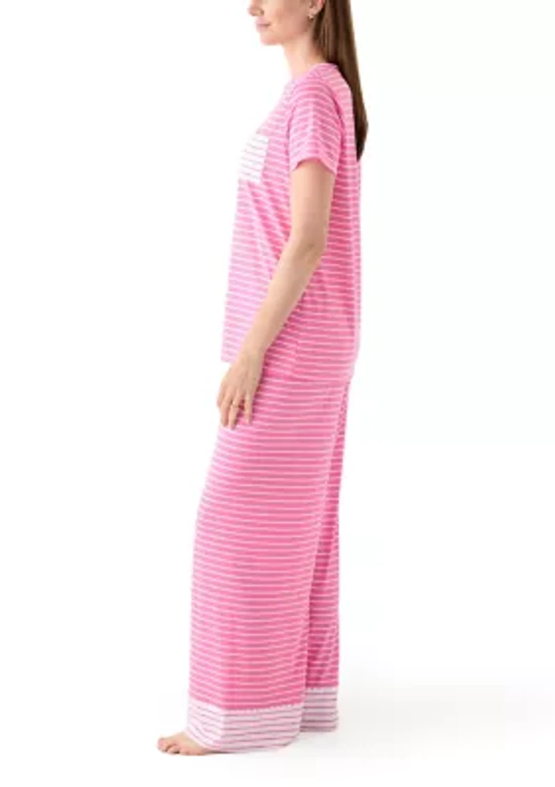 Women's Short Sleeve Top and Wide Leg Pants Knit Pajama Set