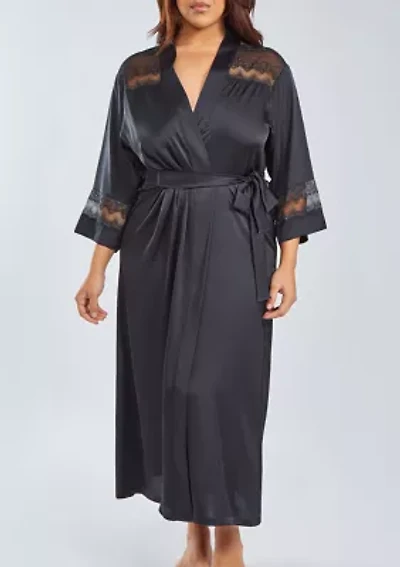 Womans Plus Silky Stretch Satin Long Robe with Lace Trims