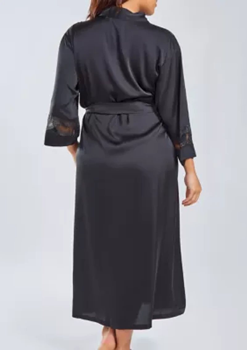 Womans Plus Silky Stretch Satin Long Robe with Lace Trims