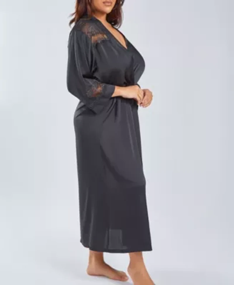 Womans Plus Silky Stretch Satin Long Robe with Lace Trims