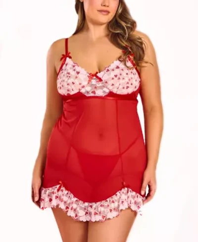 Corey Plus 2PC Heart Lace and Princess Seam Babydoll Set Lingerie